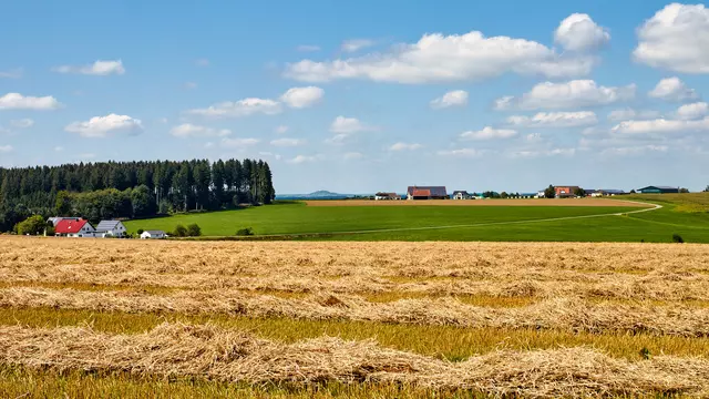 Im Vordergrund ist ein goldenes, gemähtes Getreidestoppelfeld zu sehen, in der Mitte liegen kleine Weiler zwischen grünen Wiesen und dunkelgrünem Wald, der Himmel darüber ist Sommerlich blau mit vereinzelten weißen Wölkchen.